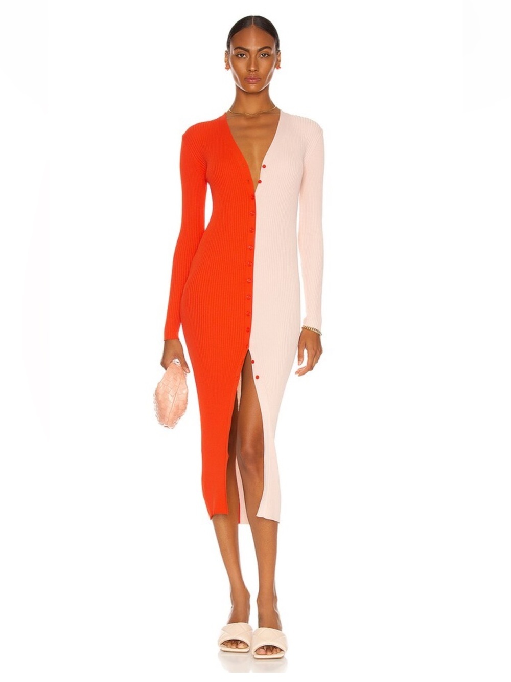 STAUD Shoko Colorblock Rib Knit Maxi Dress Coral Orange Pink Button Front Size M - Picture 1 of 11